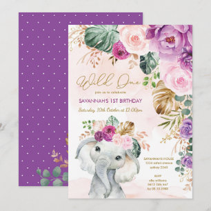 Lila Tropical Blommigt Elephant 1st Birthday Inbjudningar