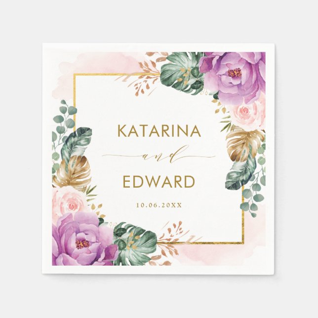  Lila Tropical Blommigt Greenery Bröllop Pappersservett (Framsidan)