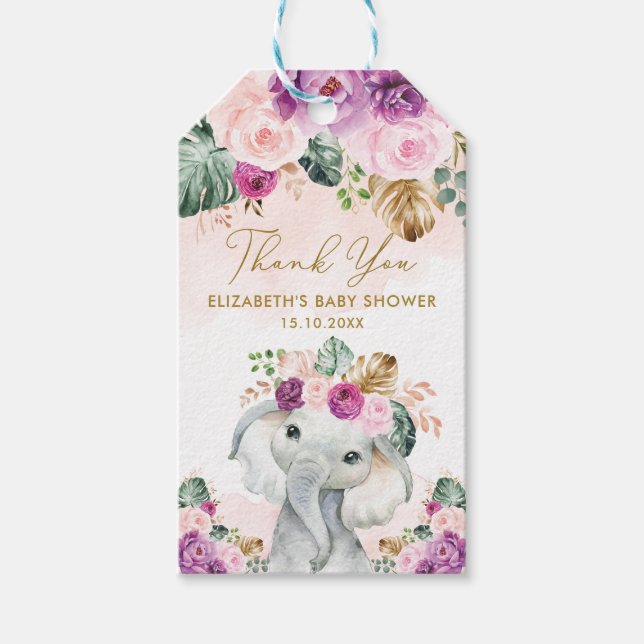 Lila  Tropical Flower Elephant Baby Shower Presentetikett (Framsidan)