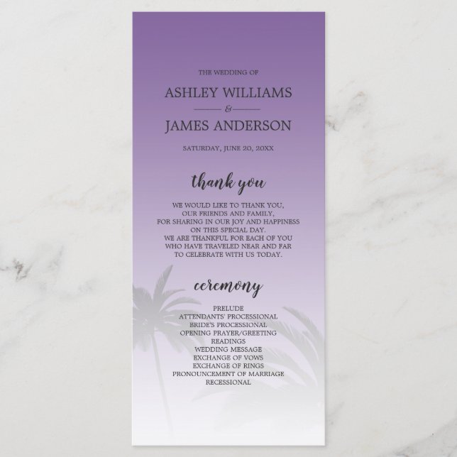Lila Tropical Handflatan Träd Beach Wedding Program (Framsida)