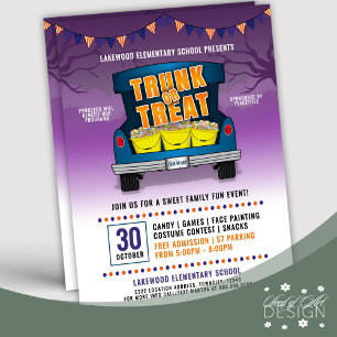 Lila Trunk eller Treat Car Trunk Halloween-händels Reklamblad