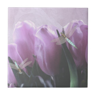 Lila Tulip Aqua Dragonfly Ceramic Art Tiles Kakelplatta
