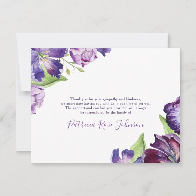 Lila Tulip Flowers Funeral Memorial Tack Kort (Framsida)