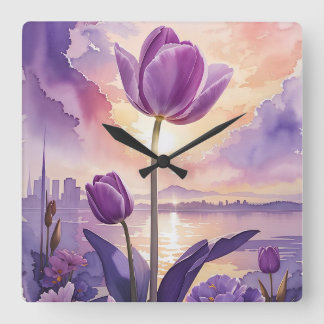 Lila Tulip Fyrkantig Klocka