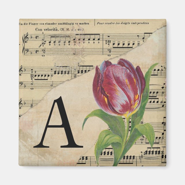 Lila Tulip Lakan Music Monogram Initial A Magnet (Framsidan)