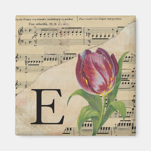 Lila Tulip Lakan Music Monogram Initial E Magnet (Framsidan)
