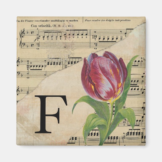 Lila Tulip Lakan Music Monogram Initial F Magnet (Framsidan)