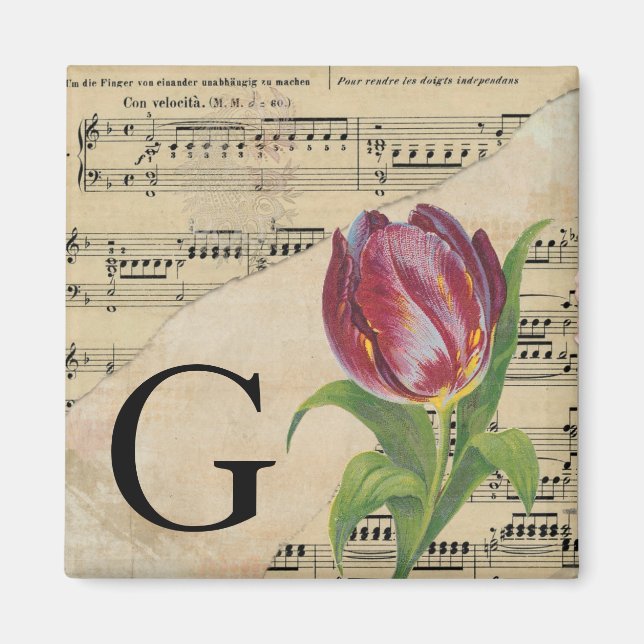 Lila Tulip Lakan Music Monogram Initial G Magnet (Framsidan)