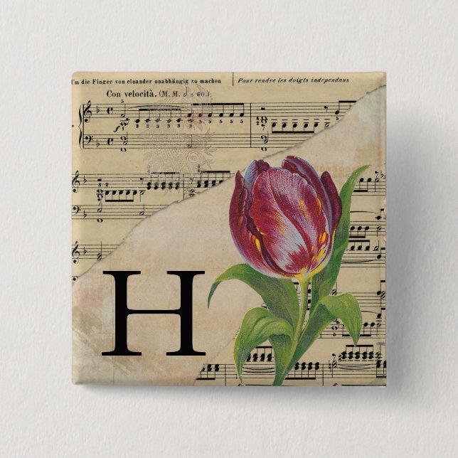 Lila Tulip Lakan Music Monogram Initial H Knapp (Framsida)