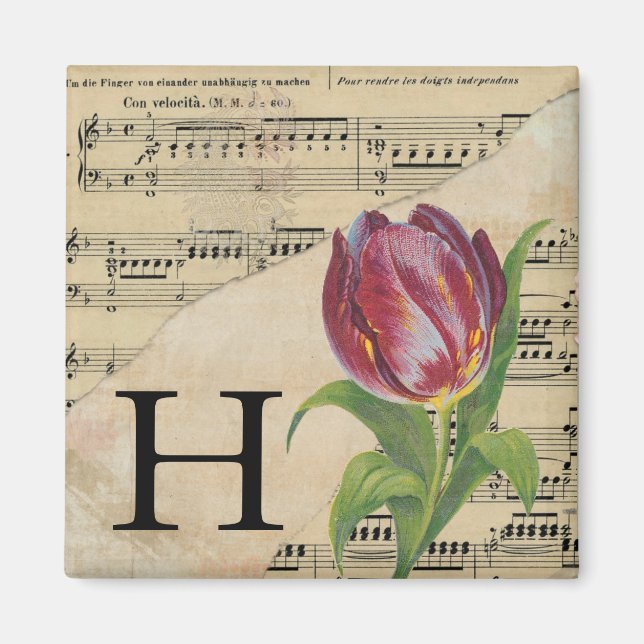 Lila Tulip Lakan Music Monogram Initial H Magnet (Framsidan)