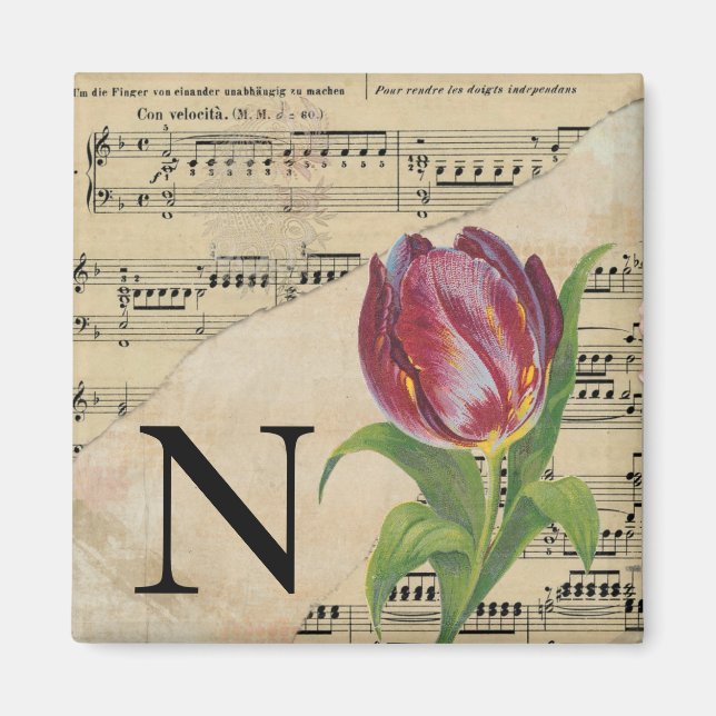 Lila Tulip Lakan Music Monogram Initial N Magnet (Framsidan)
