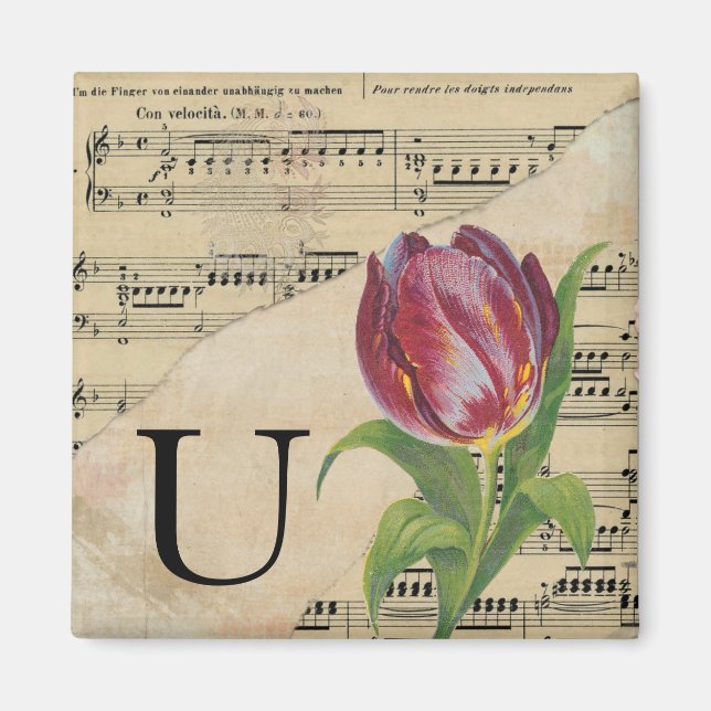 Lila Tulip Lakan Music Monogram Initial U Magnet (Framsidan)