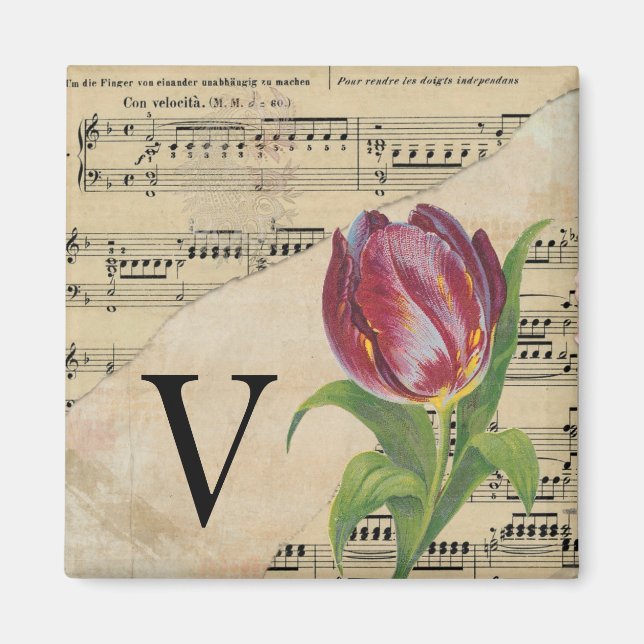 Lila Tulip Lakan Music Monogram Initial V Magnet (Framsidan)