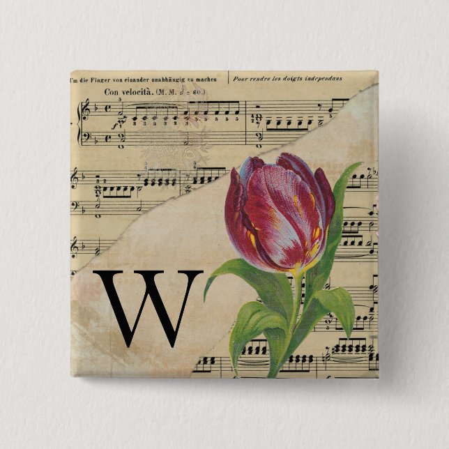 Lila Tulip Lakan Music Monogram Initial W Knapp (Framsida)