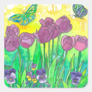 Lila Tulip Pansies Watercolor Flowers Fyrkantigt Klistermärke