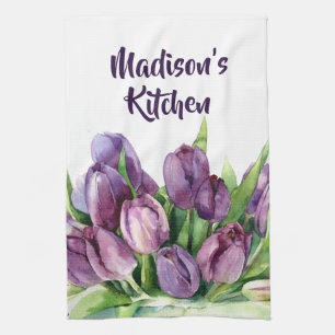 Lila Tulips Blommigt Watercolor Mönster Kökshandduk