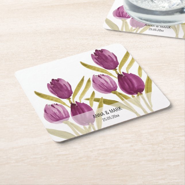Lila Tulips Elegant Vattenfärg Underlägg Papper Kvadrat (Vinklad)