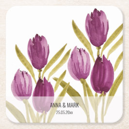 Lila Tulips Elegant Vattenfärg Underlägg Papper Kvadrat