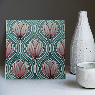 Lila Tulips on Blue Symmetric Art nouveau Kakelplatta