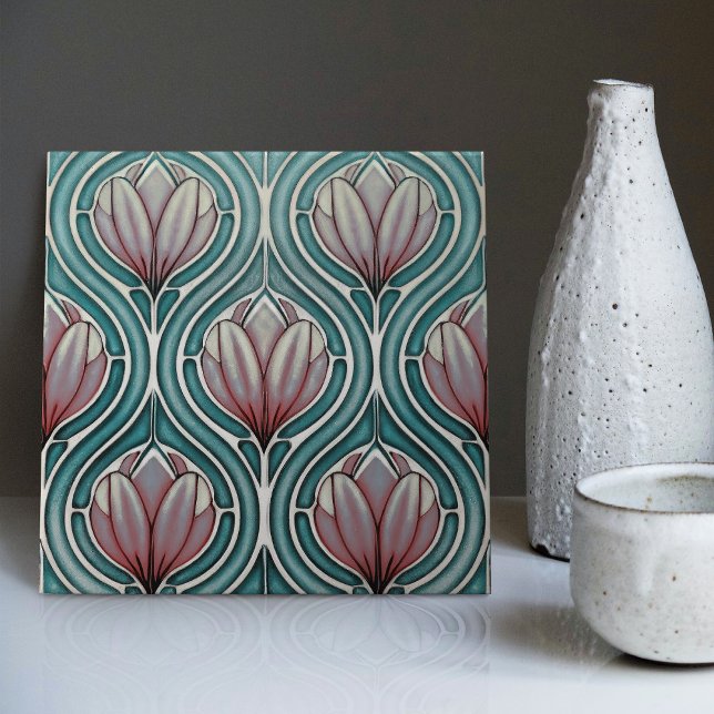 Lila Tulips on Blue Symmetric Art nouveau Kakelplatta (Skapare uppladdad)