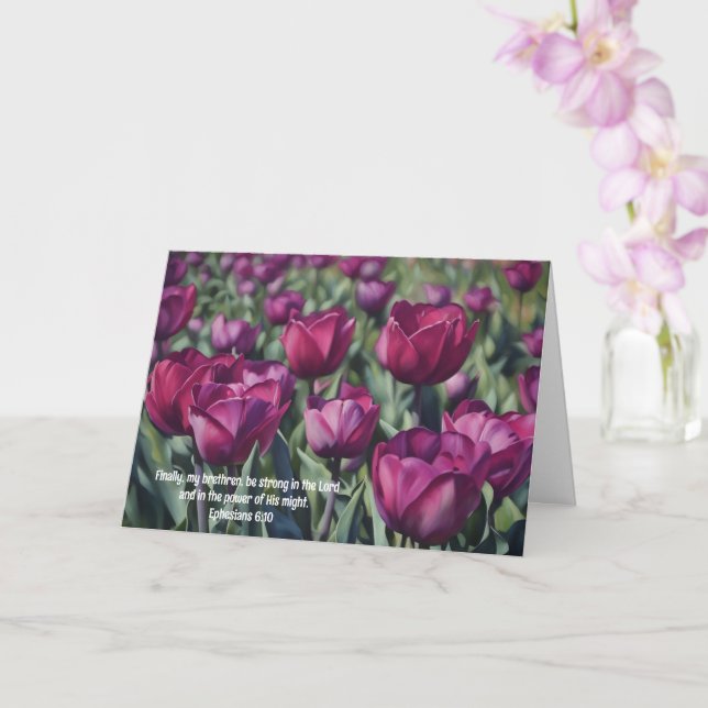 Lila Tulips Strong Enmod Faith Bible Verse Kort (Orkide)