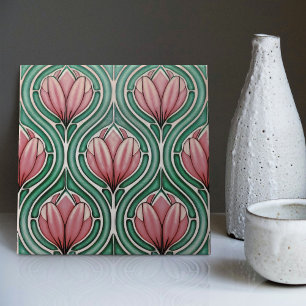 Lila Tulips Symmetric Mönster Art nouveau Kakelplatta