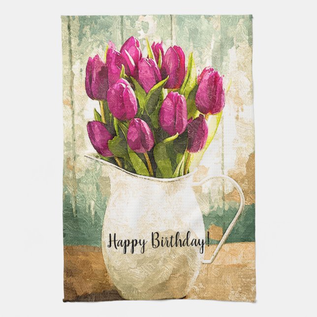 Lila Tulips, Vår Bouquet Birthday Art Kökshandduk (Vertikal)