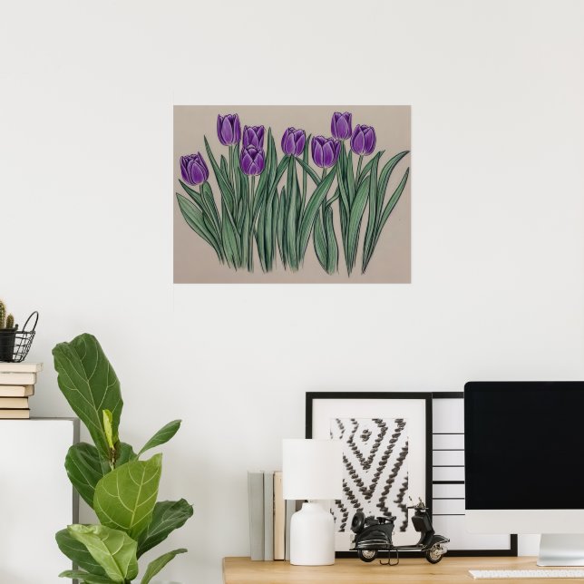 Lila Tulips vattenfärgsblomma Poster (Hemmakontoret)
