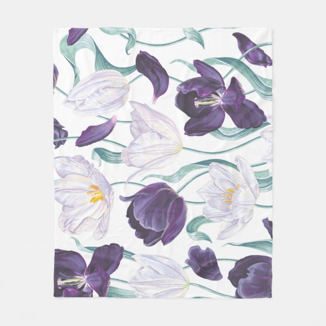 Lila Tulips: Vit Vintage Realism. Fleecefilt (Framsidan)