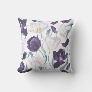 Lila Tulips: Vit Vintage Realism. Kudde