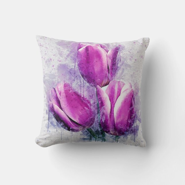 Lila Tulips Watercolor Painting Kudde (Framsida)