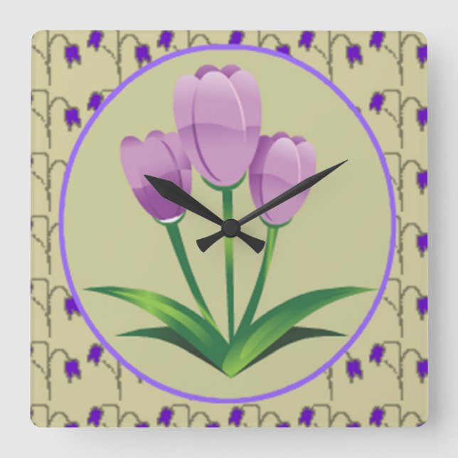 Lila tulpanblomma vintage mönster söt fyrkantig klocka (Framsida)