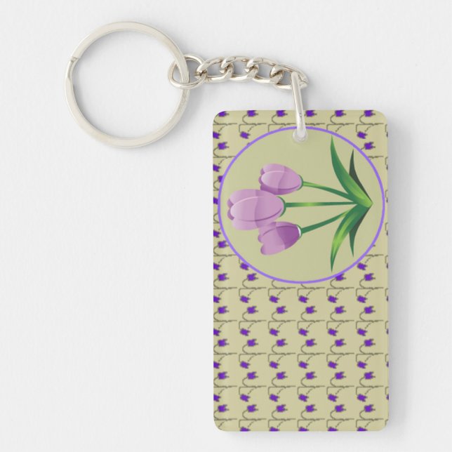 Lila tulpanblomma vintage mönster söt nyckelring (Framsidan)