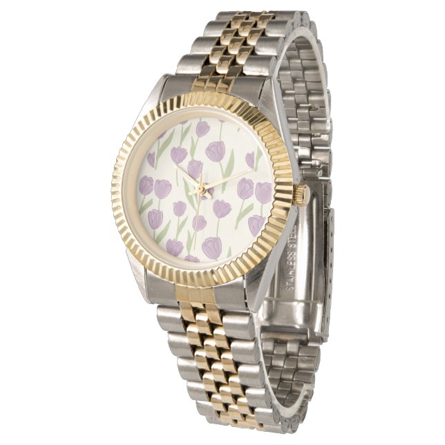 Lila tulpanblommönster armbandsur (Vinklad)