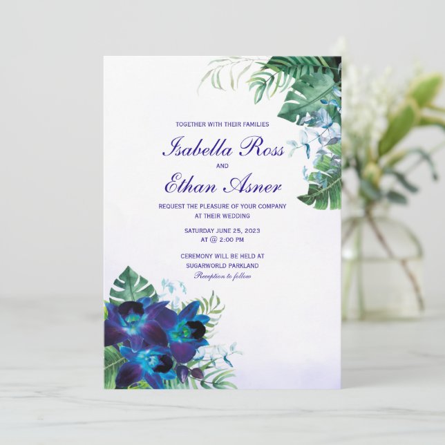 Lila Turcos Blue Orchid bröllopsinbjudan Inbjudningar (Stående Fram)