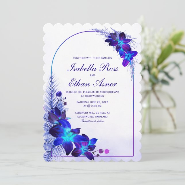 Lila Turcos Blue Orchid bröllopsinbjudan Inbjudningar (Stående Fram)