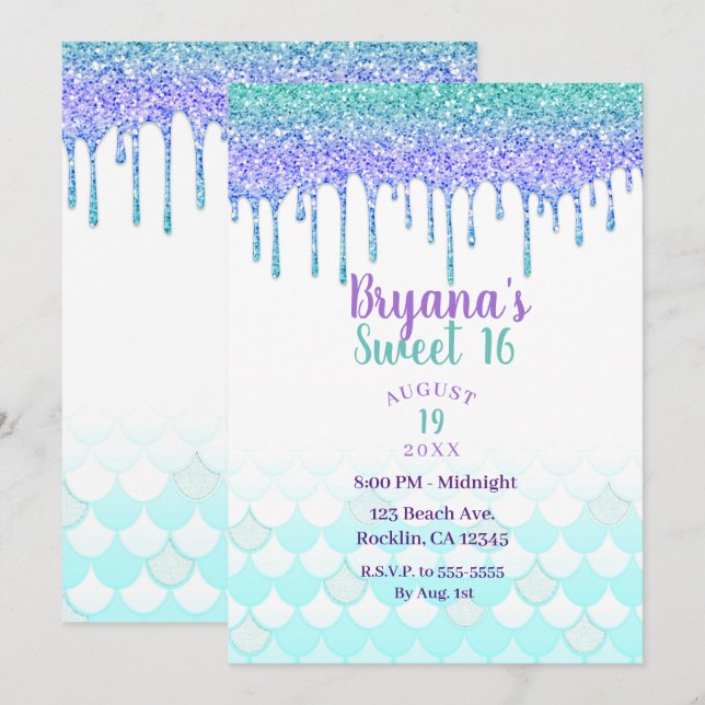 Lila & Turkos Aqua Glitter Drip Siren Sweet 16 Inbjudningar (Fram/baksida)