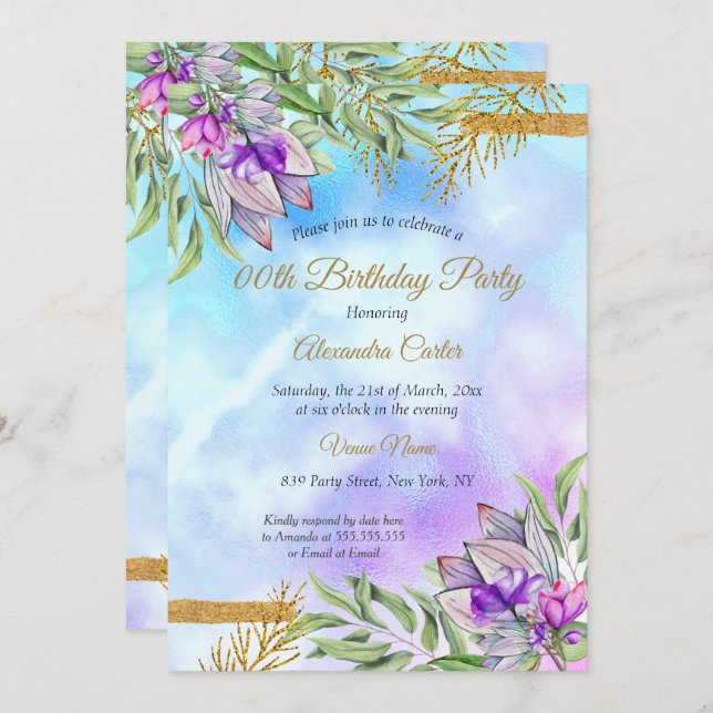 Lila Turkos Blå Guld Blommig Födelsedagsfest Inbjudningar (Fram/baksida)