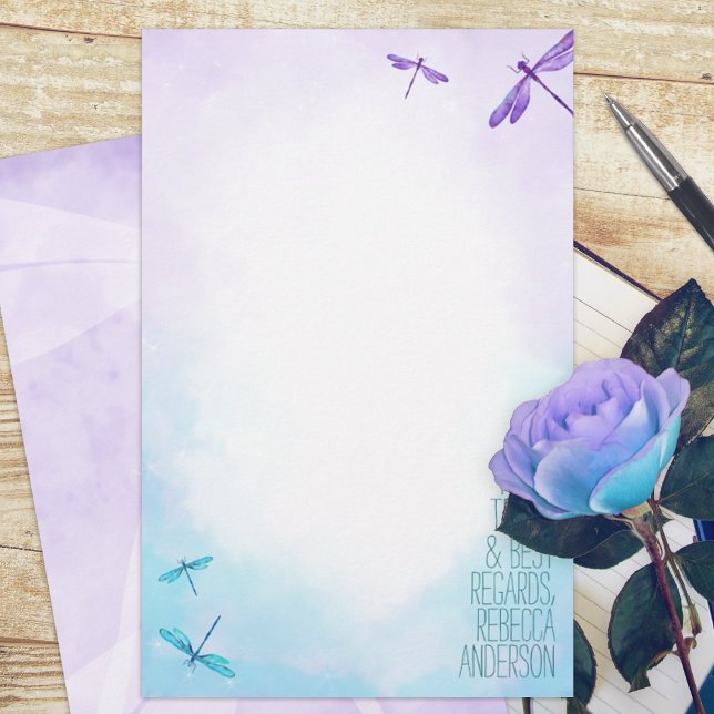 Lila, turkos Dragonflies Personal Stationery (purple turquoise dragonflies dragonfly budget personalized letter writing stationary paper sheets)