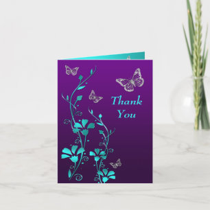 Lila, turkos fjäril Blommig Tacksamhetskort Tack Kort