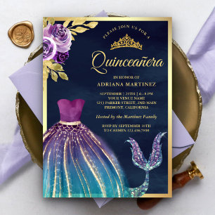 Lila Turkos Klänning Siren Svans Marin Quinceanera Inbjudningar