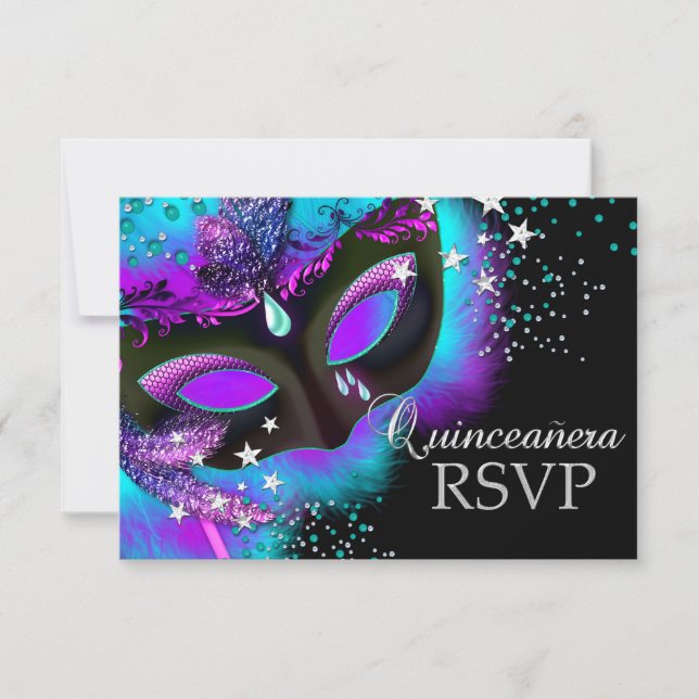 Lila & Turkos Maskerad Quinceanera RSVP OSA Kort (Framsida)