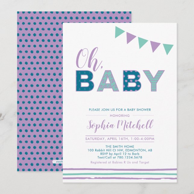Lila & Turkos | Modern Typografi Flickor Babyshowe Inbjudningar (Fram/baksida)