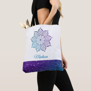 Lila & Turkos Ombre Fals Glitter Mandala på Vitt Tygkasse