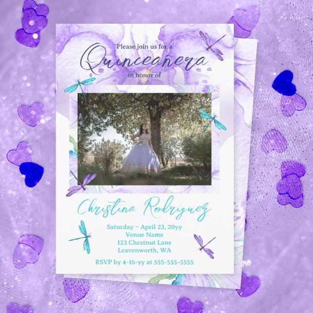 Lila, turkos Orchid, Dragonflies Quinceanera Inbjudningar (Purple quinceanera invitations with purple and turquoise dragonfly, whimsical budget mis quince anos)