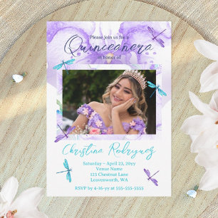 Lila, Turkos Orkidé, Trollsländor Quinceanera Inbjudningar