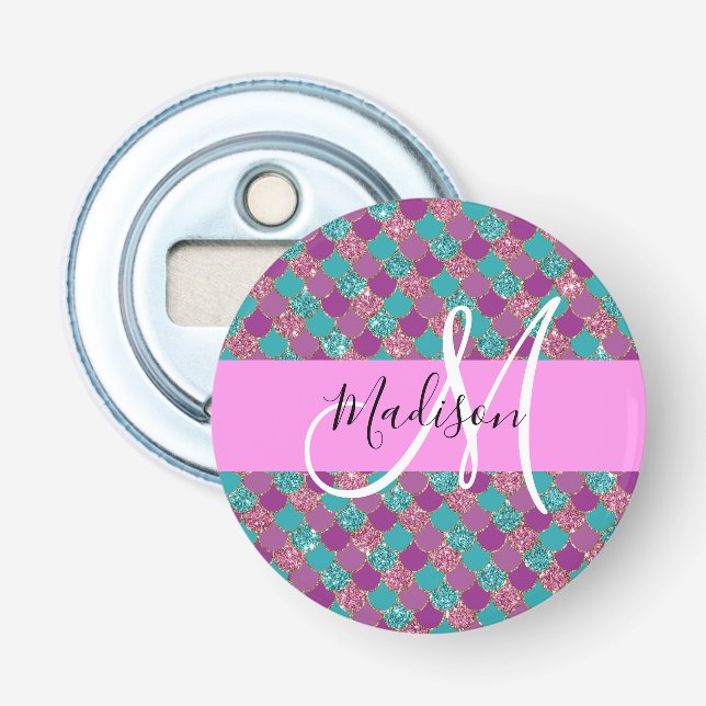 Lila Turkos Sjölilje Glitter Gnist Monogram Flasköppnare (Framsidan)