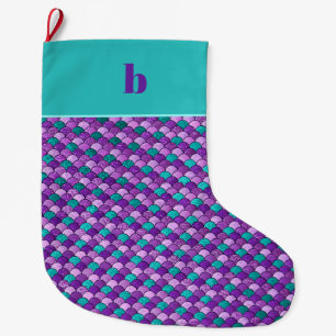 Lila Turkos Sjömansfjäll Monogram Jul Stor Julstrumpa