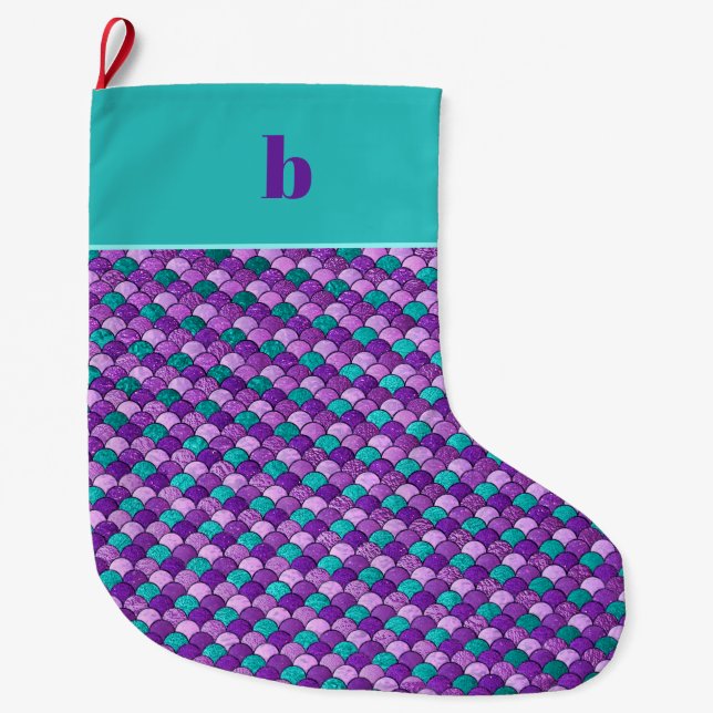 Lila Turkos Sjömansfjäll Monogram Jul Stor Julstrumpa (Framsidan)