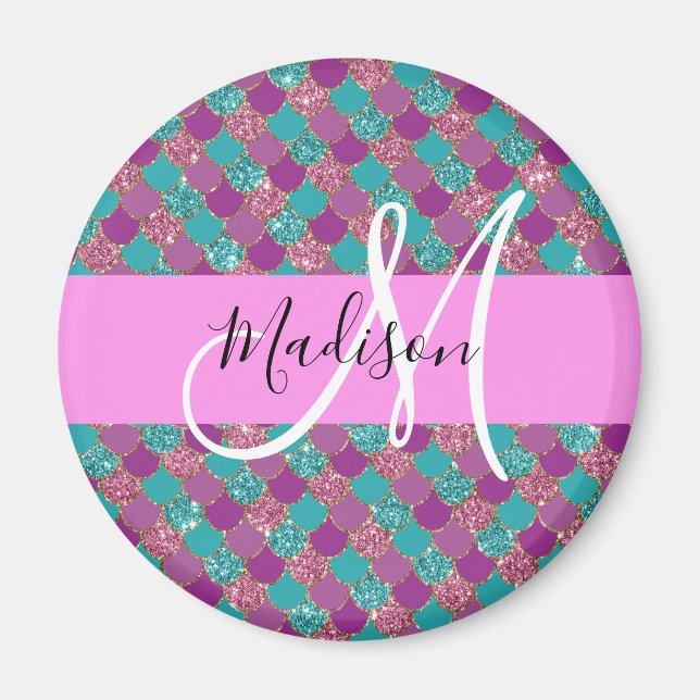 Lila Turkos Sjömansglitter Glitter Monogram Magnet (Framsidan)